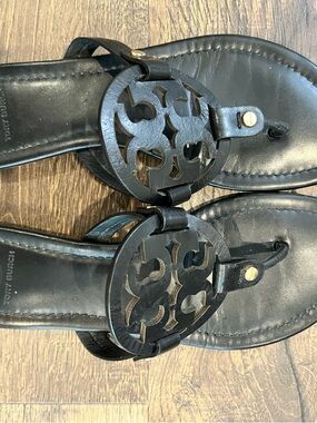 Tory Burch Black Leather Logo Slide Sandal
